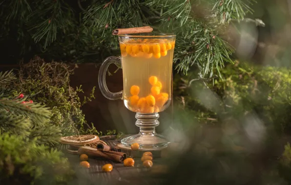 Glass, branches, berries, table, glass, moss, yellow, Christmas