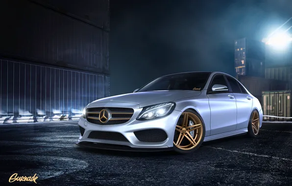 Night, Mercedes-Benz, front, containers, Mercedes Benz, by Gurnade, C-Class