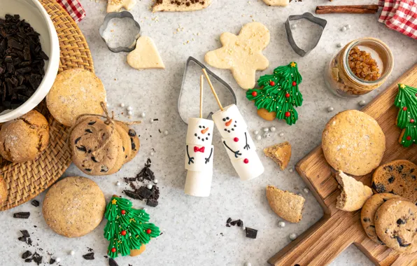 Cookies, Christmas, New year, snowmen, herringbone, figures, molds, marshmallows