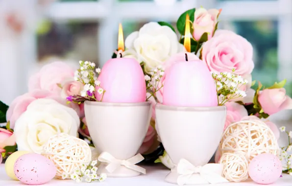 Roses, eggs, candles, Easter, flowers, Easter, candles