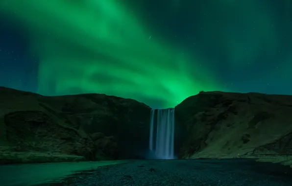 Picture landscape, mountains, night, rocks, shore, waterfall, Northern lights, Iceland