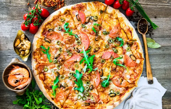 Tomatoes, wood, pizza, seafood, spices, seafood