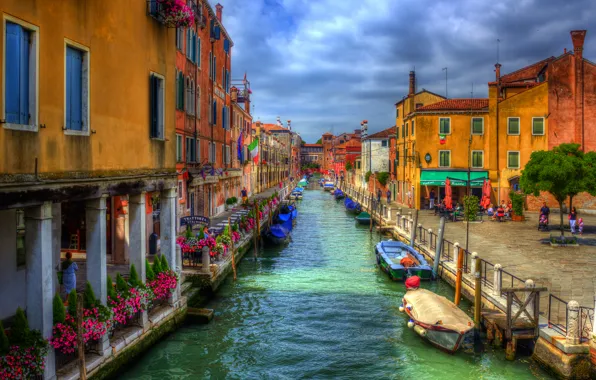 The sky, water, flowers, clouds, home, Venice, channel, street