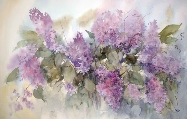 Figure, picture, watercolor, painting, lilac, spring flowers, artist Irina Tarasova