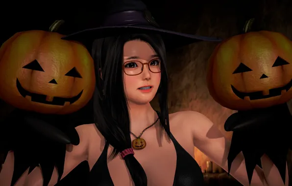 Girl, pumpkin, witch, Halloween, 39046