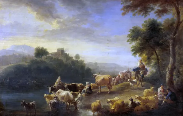 Animals, trees, river, picture, Adrian Frans Boudewyns, Landscape with Cows