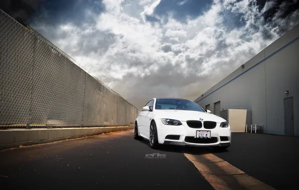 Picture white, the sky, clouds, the building, bmw, BMW, coupe, the fence