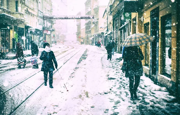 Winter, street, people, cityscape, Czech Republic, snowing, everyday life, urban scene