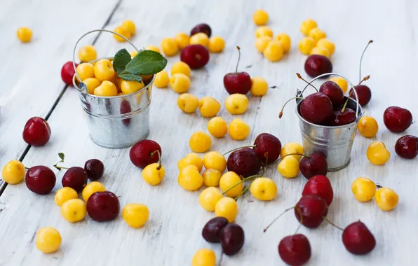 Cherry, berries, yellow, red, cherry, Julia Khusainova, buckets