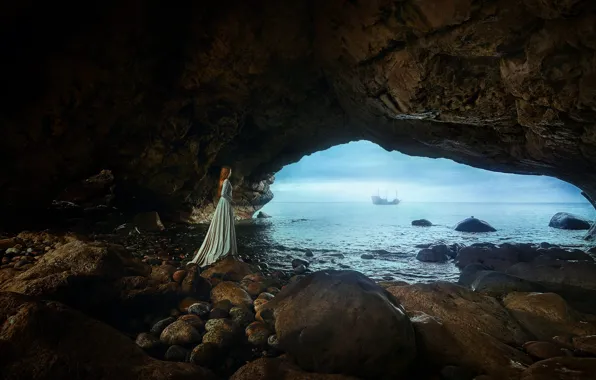 Sea, the sky, girl, landscape, nature, pose, rock, stones