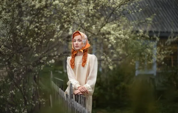 Look, girl, flowers, branches, face, pose, house, tree