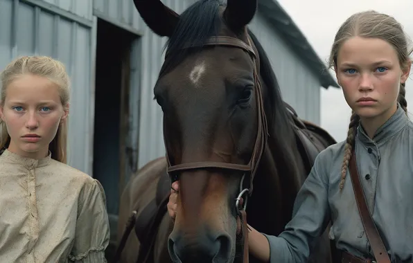 Horse, horse, girls, AI art, neural network, the art of artificial intelligence