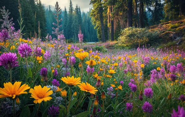 Forest, flowers, glade, meadow, AI art, neural network