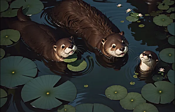 Download wallpaper look, pond, faces, otter, otters, AI art, neural ...