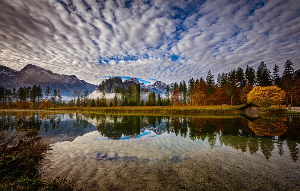 Autumn, forest, clouds, mountains, lake, reflection, Austria, Alps