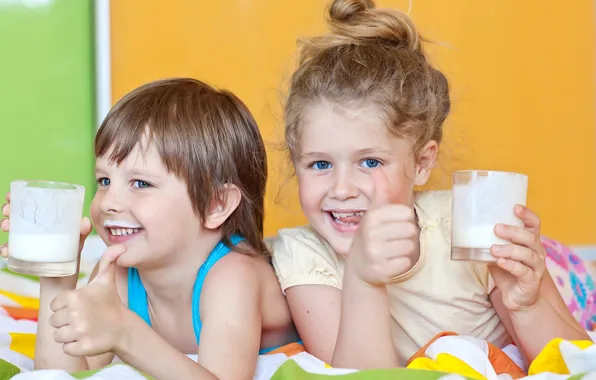 Joy, children, smile, boy, milk, girl