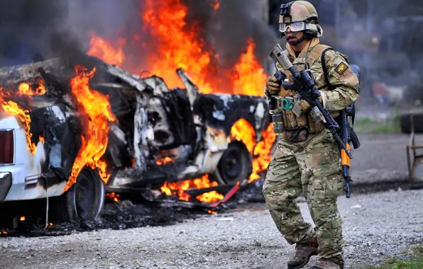 Picture road, fire, Machine, soldiers, rifle, equipment