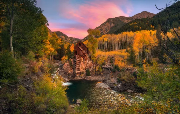 Autumn, mountains, nature, mill, pond, water