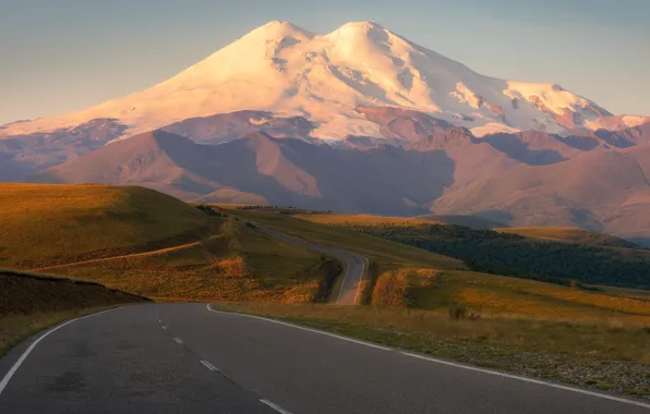 Picture grass, road, sky, landscape, nature, mountains, snow, hills