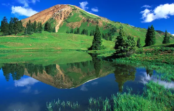 The sky, grass, clouds, trees, nature, lake, reflection, mountain