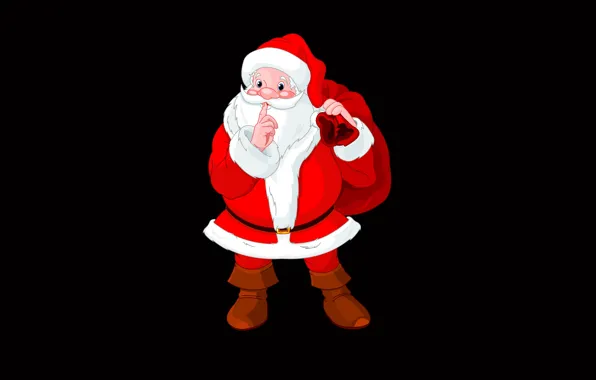 Graphics, silence, boots, Christmas, New year, black background, Santa Claus, bag