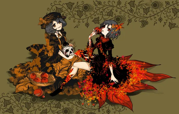 Picture apples, skull, black dress, red eyes, sisters, Touhou Project, Project East, rotten