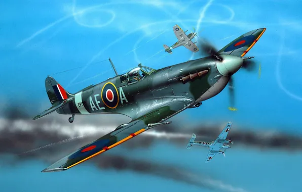 Figure, art, Spitfire, scout, interceptor, RAF, Supermarine, bf-110