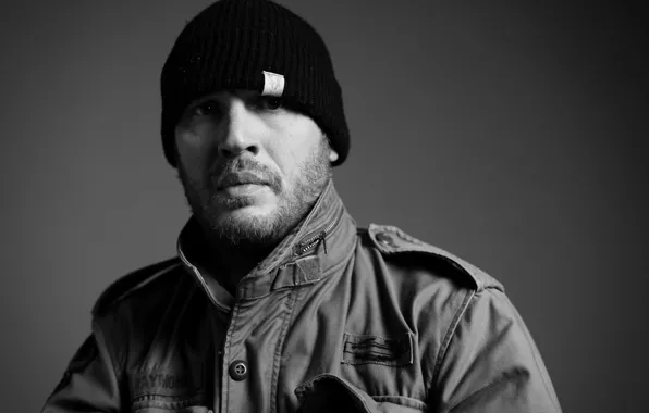 Background, hat, portrait, jacket, actor, black and white, Tom Hardy, Tom Hardy