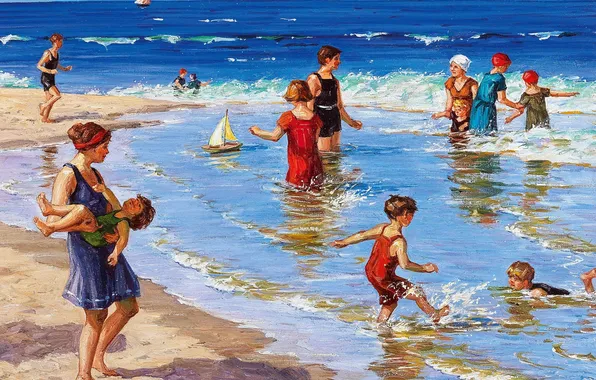 Sea, Beach, Children, People, Picture, On the beach, Hungarian artist, A. de Fleury