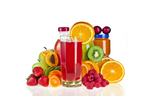 Glass, raspberry, apples, oranges, kiwi, strawberry, fruit, peaches