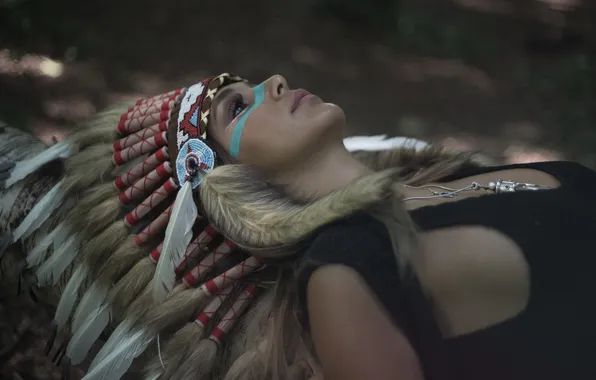 Girl, face, style, feathers, coloring, headdress