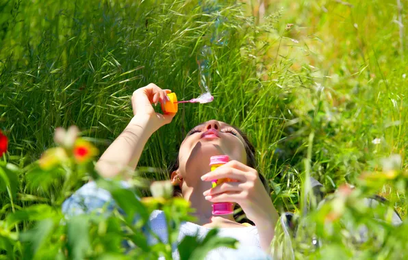 Picture grass, girl, flowers, bubbles