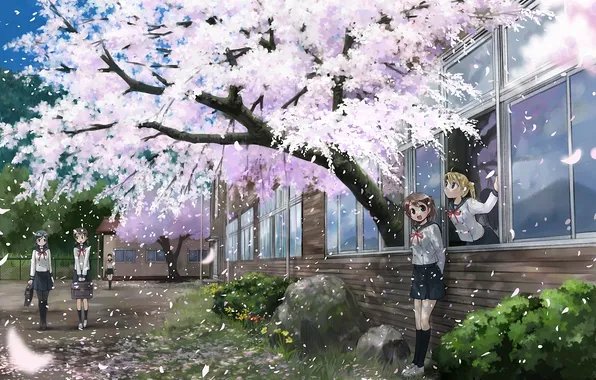 Girls, spring, petals, Sakura, school, ikeda jun