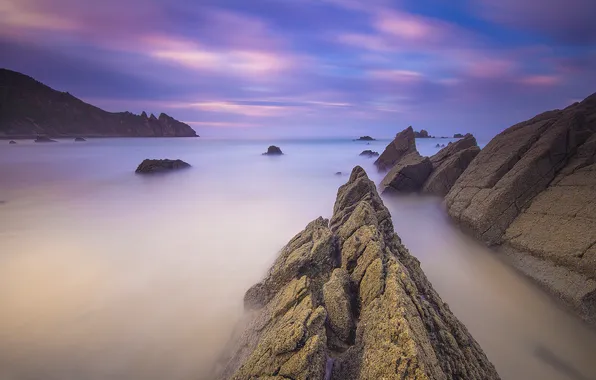 Sea, the sky, clouds, sunset, mountains, stones, rocks