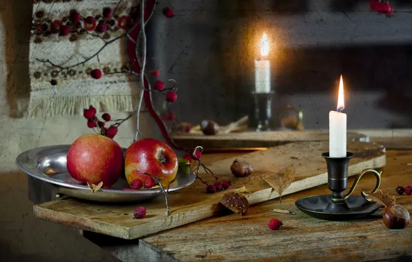 Table, apples, candle, texture, scratches, Still Life, rose hips