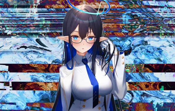 Anime, brunette, halo, anime, anime girls, white blouse, girl with glasses, anime girls