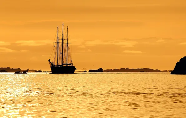 Sea, sunset, shore, sailboat, Bay, the evening, mast, at anchor