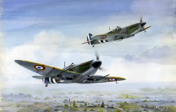 Flight, figure, art, fighters, Spitfire, British, Free French
