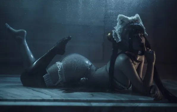 Stockings, rain, water, wet body, asian beauty, tits boobs, cosplay babe, Net Red COSER
