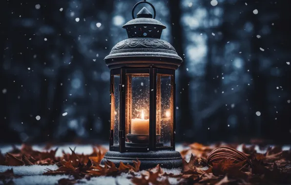 Winter, forest, light, snow, trees, night, the dark background, flame