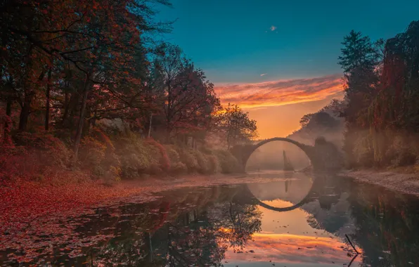 Autumn, forest, bridge, reflection, pond, Saxony, Rakotzbrücke, lake Rakott