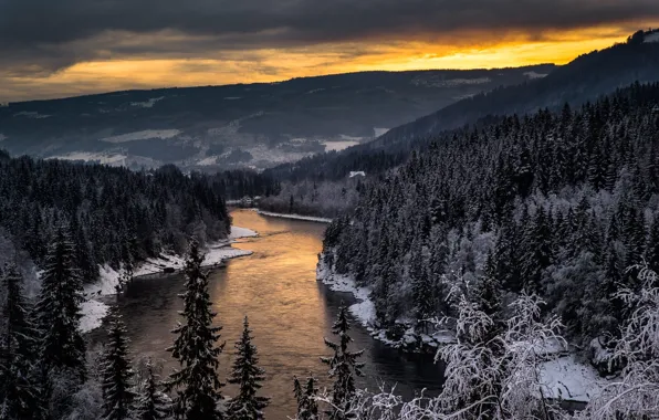Winter, forest, snow, trees, river, hills