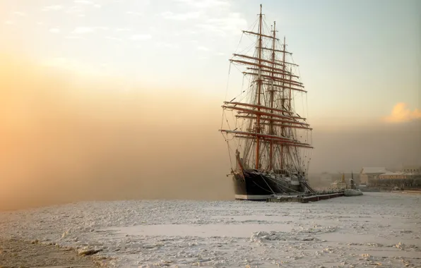 Frost, Saint Petersburg, January, barque Sedov
