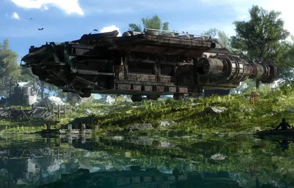 Vegetation, boat, pond, Server Dust, Docked
