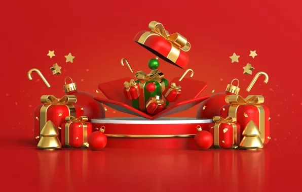 Picture decoration, rendering, background, tree, Christmas, gifts, New year, red