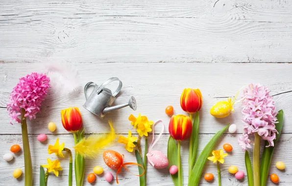 Picture flowers, spring, colorful, Easter, crocuses, tulips, wood, flowers
