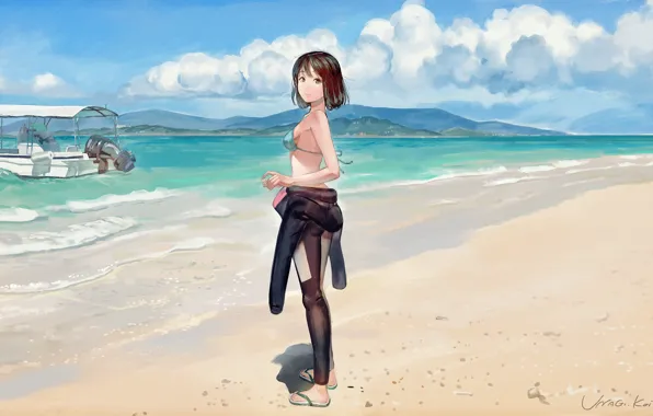 Picture sea, the sky, girl, clouds, nature, shore, anime, art