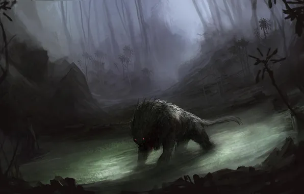 Picture forest, water, fog, swamp, monster, thicket, art