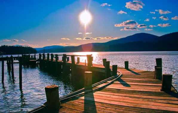 Picture forest, the sky, the sun, rays, landscape, mountains, nature, river