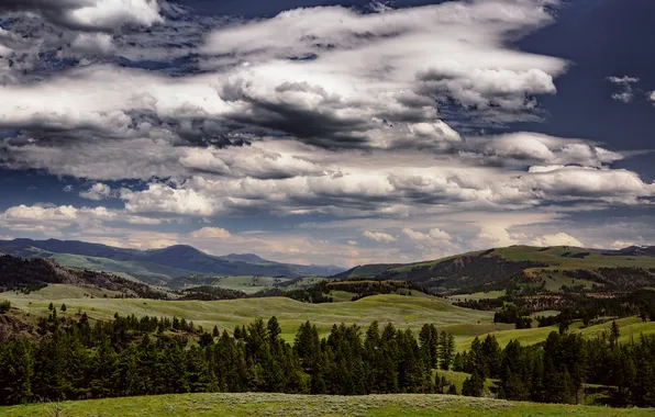The sky, clouds, hills, valley, horizon, Montana, United States